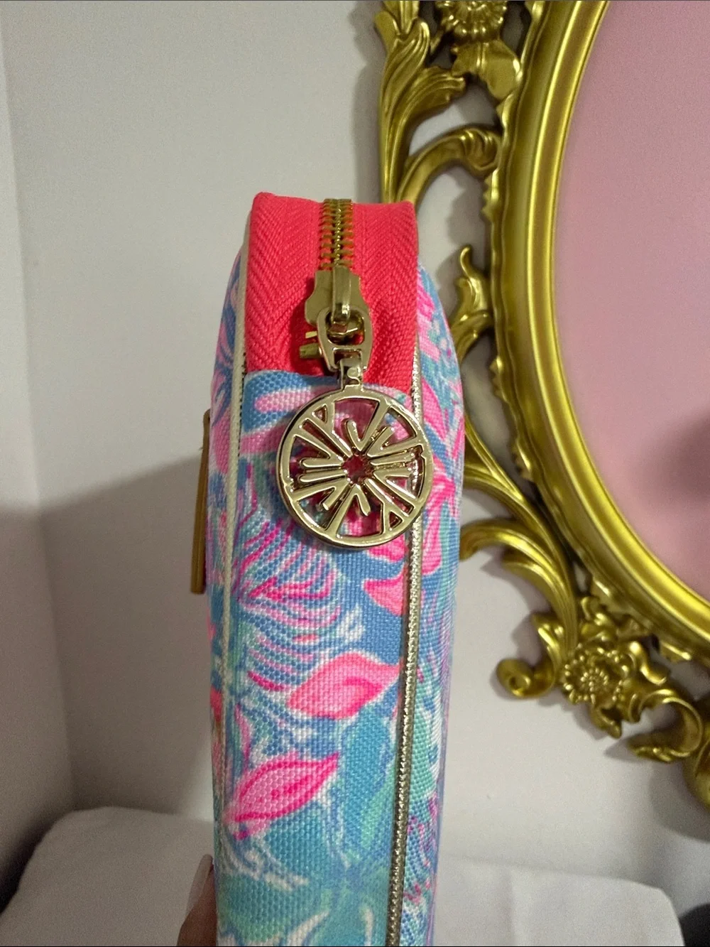 Lilly Pulitzer Pink & Blue Floral Cosmetic Case with Gold Plaque